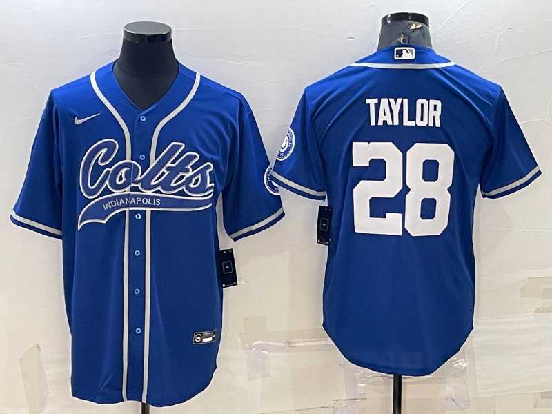 Men%27s Indianapolis Colts #28 Jonathan Taylor Blue With Patch Cool Base Stitched Baseball Jersey